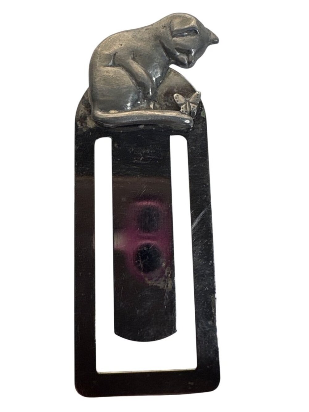 Cat Shaped Metal Pewter Bookmark With Butterfly Design 3.5 Inch Page Holder